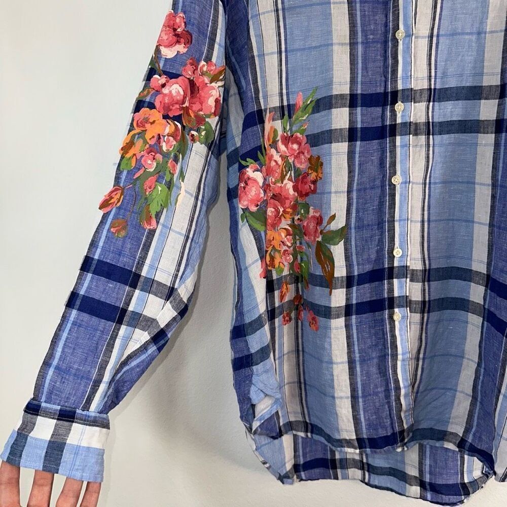 Lauren Ralph Lauren Floral & Plaid Linen Button Front Shirt Womens Boho Chic - Picture 4 of 9